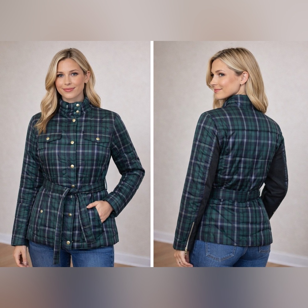 J. Crew Plaid Belted Puffer Jacket Medium NWT